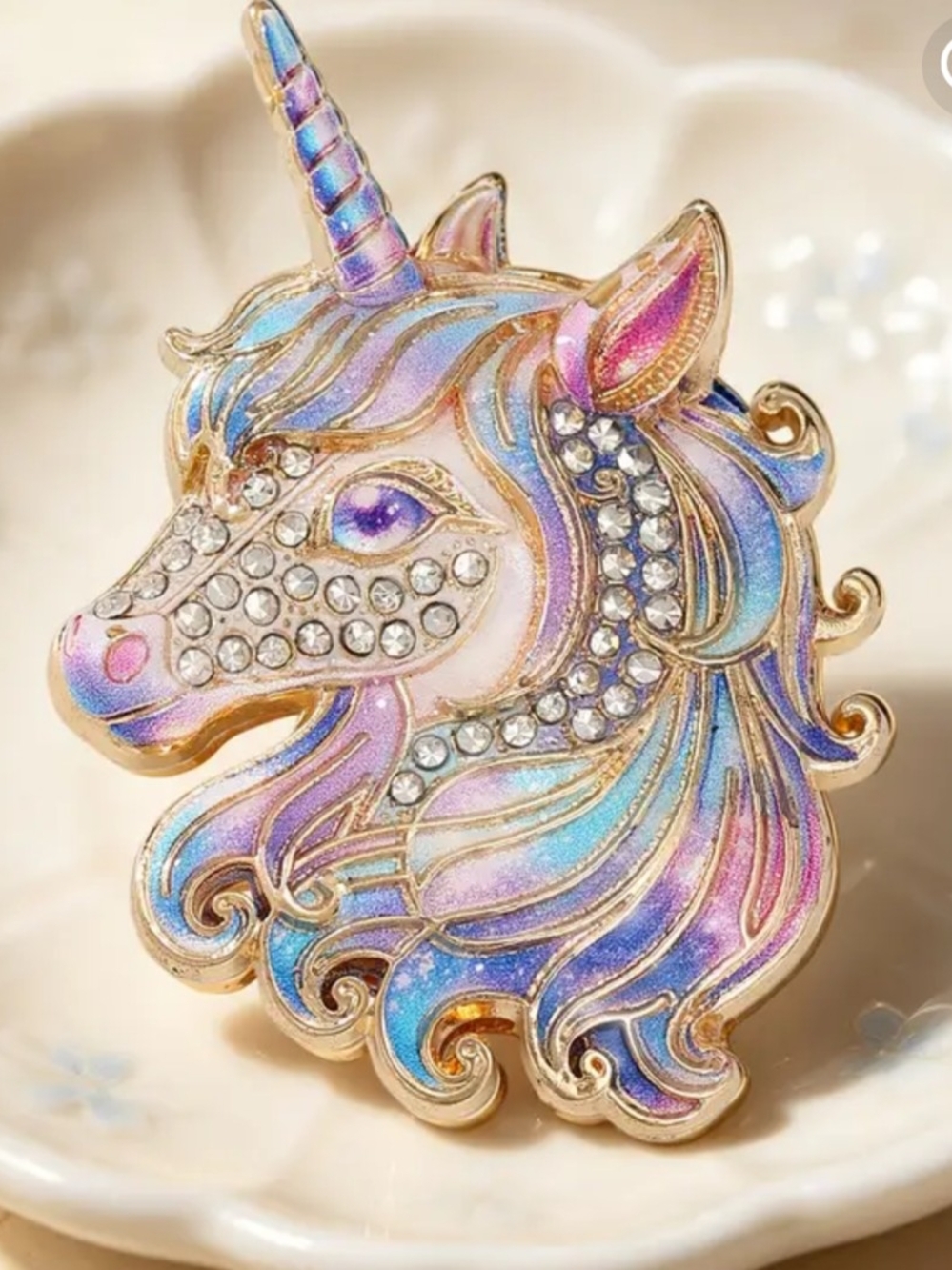 Iridescent Purple & Blue Unicorn Brooch with Crystal Accents